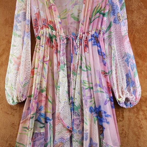 PATBO Womens Dress XS Pink Iris Floral Crochet Robe Tie Front Cascading Sheer - Picture 4 of 14